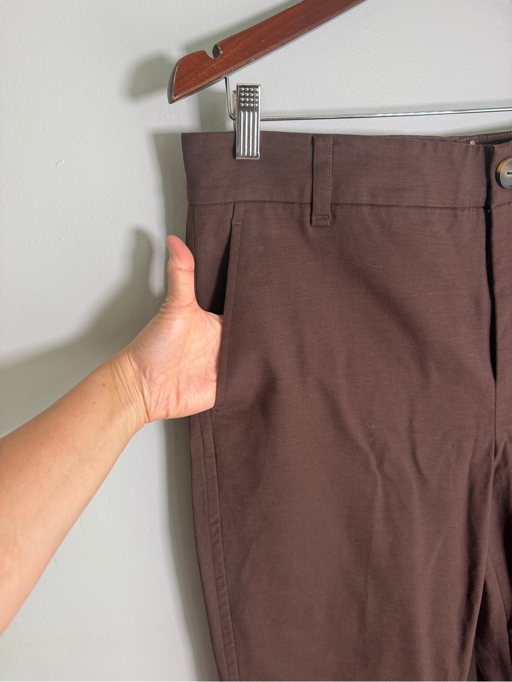 Vince Dark Brown Straight Leg Trousers Size 14 Cotton Viscose Flat Front Pants - Picture 4 of 15